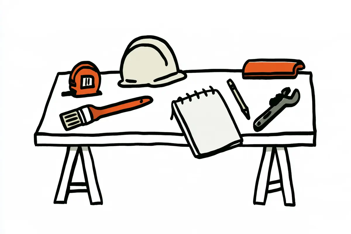 Ilustración de una mesa de trabajo con casco, cinta métrica, brocha, llave y libreta