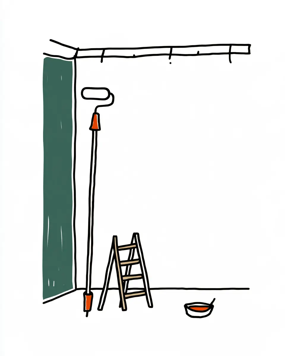 Ilustración de una pared con rodillo, escalera y cinta de enmascarar