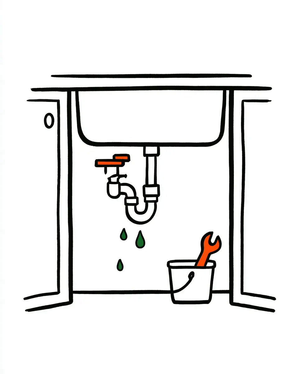 Ilustración de las tuberías bajo un lavaplatos, con gotas de agua y una llave inglesa