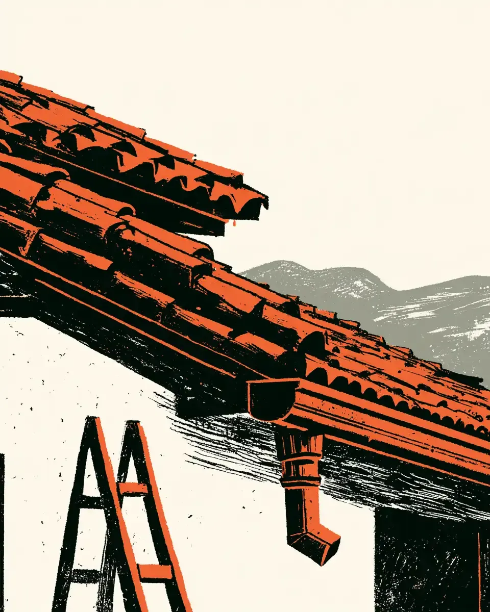 Ilustración de un techo de teja de barro con canal y escalera